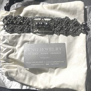 Vintage 1920 hand cuff pearls, crocheted on grey leather